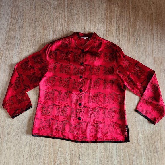 Vintage Chico's Design Silk Satin Japanese Art Mandarin Neck Blouse Button Red - Picture 6 of 11